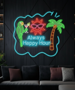 Always Happy Hour Palm Tree Led Neon Sign Tiki Bar Neon Sign